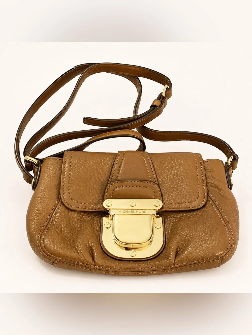 MICHAEL KORS Cognac Leather Small Crossbody with Gold-Tone Lock